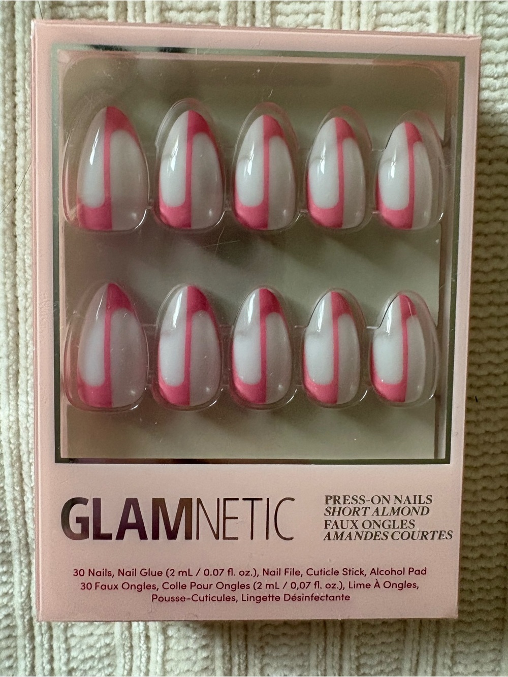GLAMNETIC Short Almond Press-On Nails - White & Pink Better Half